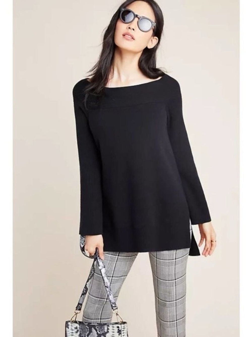 Anthropologie Elise Black Off the Shoulder Open Slit Tunic Sweater